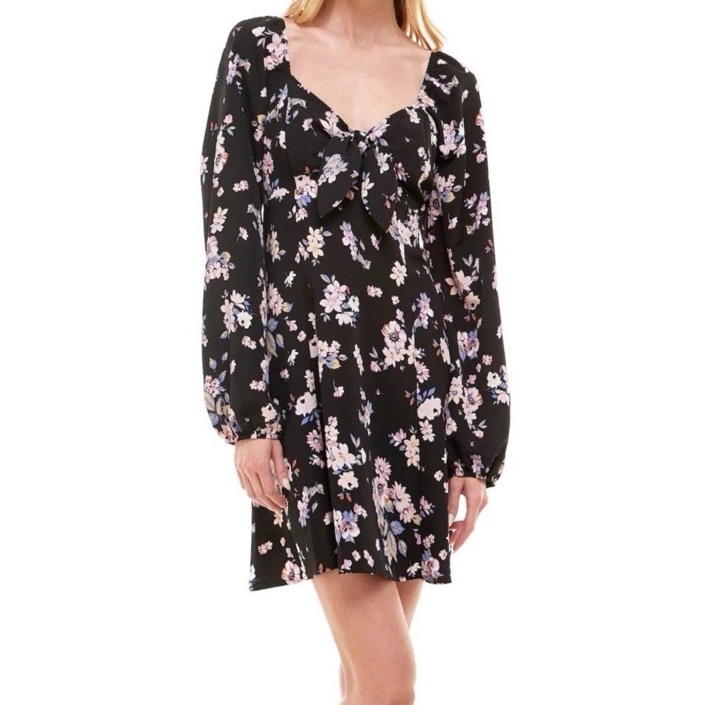 Lily Rose Dress Womens Small Black Floral‎ Dark Cottagecore Tie Front Feminine
